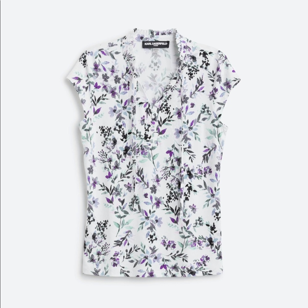 KARL LAGERFELD PARIS BELVEDERE NECK TIE TOP PURPLE FLORAL